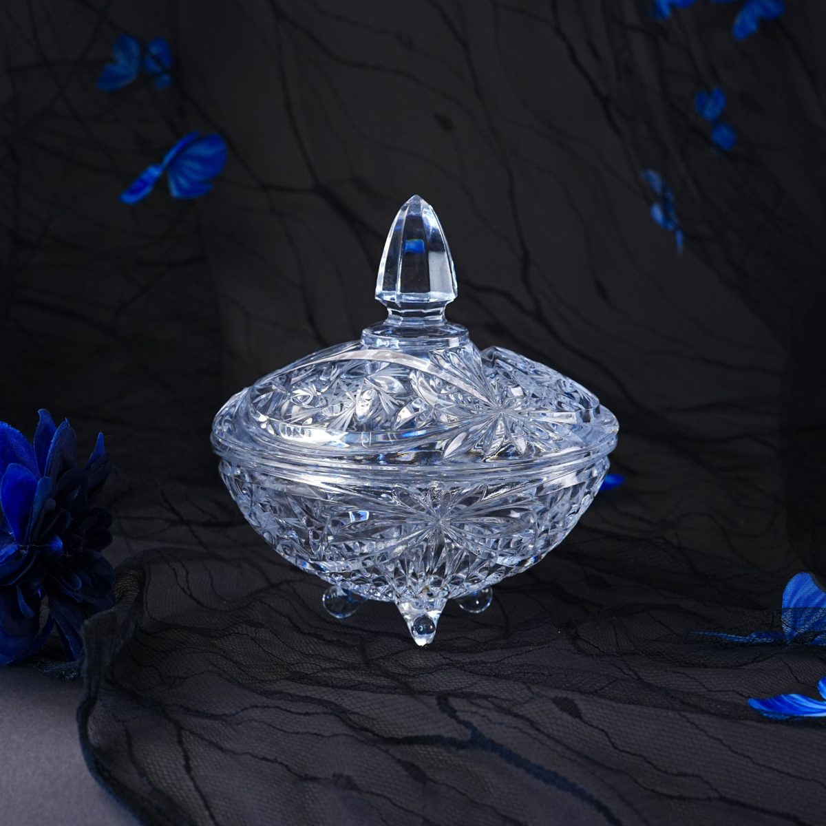 Vintage Hand Cut Lead Crystal Lidded Candy Dish – Pinwheel Starburst, Acorn Finial, 3 Feet, Bohemian Style Bonbonniere 1960s