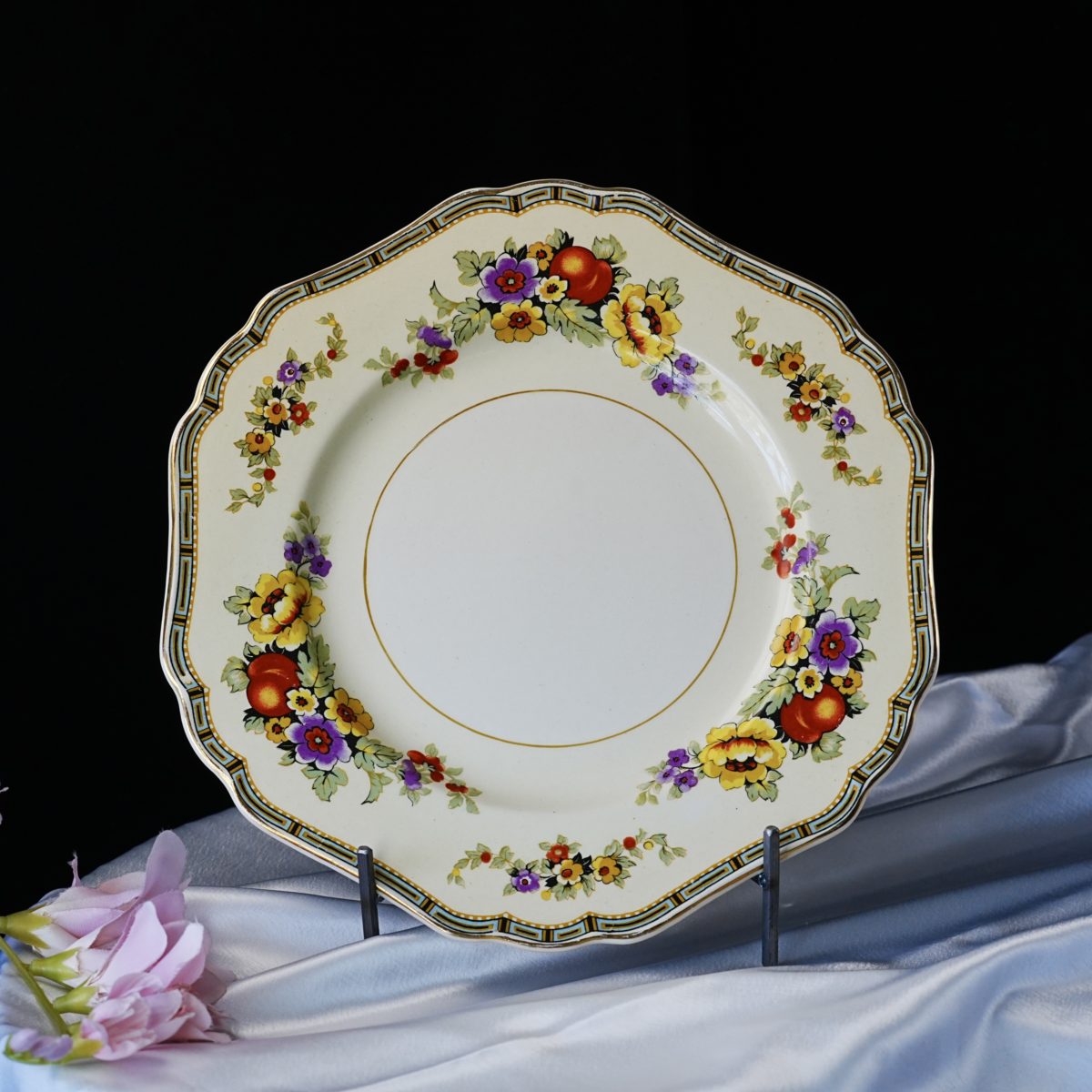 Vintage John Maddock & Sons Minerva Plate – Royal Ivory, Floral & Fruit Bouquets, Greek Key Border, Art Deco Square, England 1930s