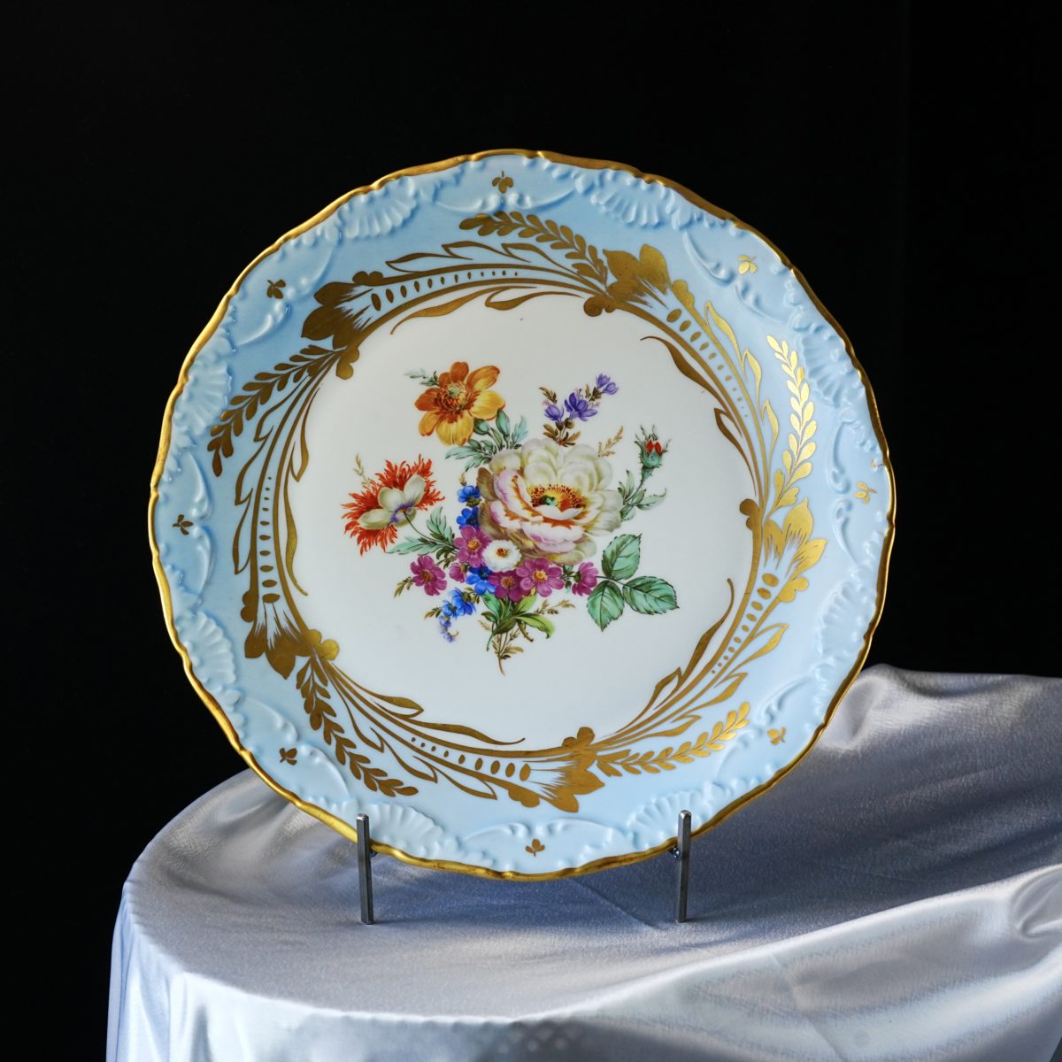Vintage Limoges France Hand-Decorated Plate – Powder Blue Border, Embossed Acanthus, Gilt Laurel Wreath, Central Floral Bouquet, c. 1900