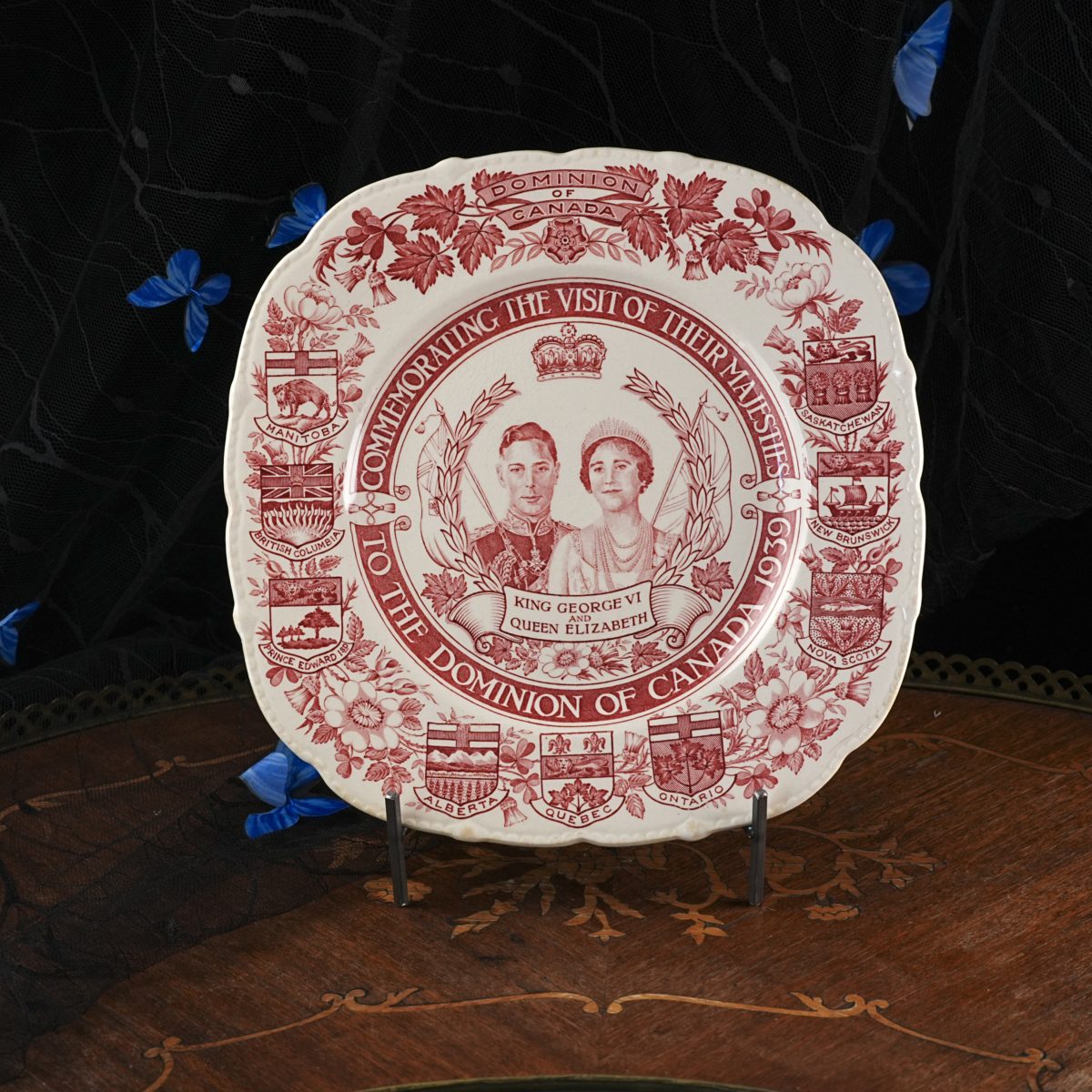Vintage Royal Visit to Canada Plate – King George VI Queen Elizabeth, Nine Provincial Shields, Red Transferware, Maddock Ivory, England 1939