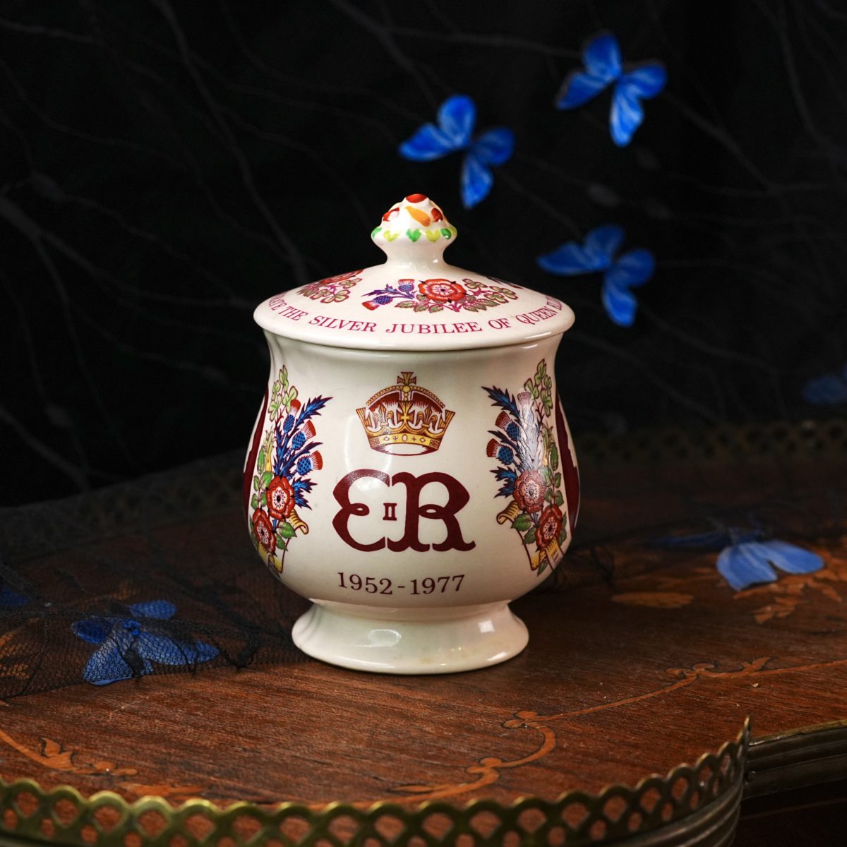 Vintage Masons Patent Ironstone Silver Jubilee Preserve Pot – Queen Elizabeth II and Prince Philip Silhouette Cameos, Lidded, England 1977