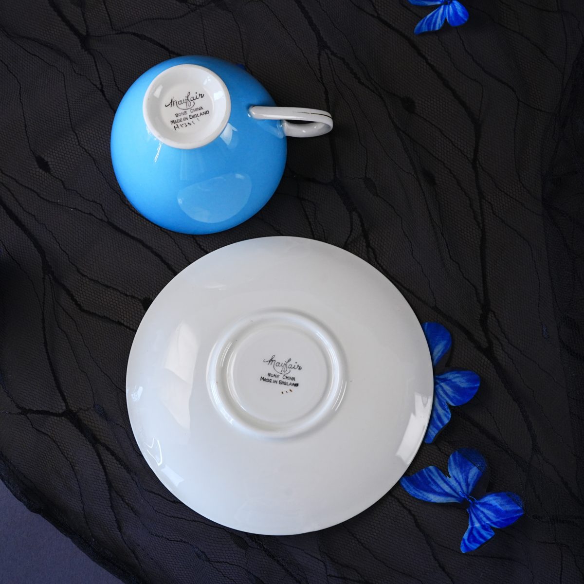 Maker's mark on the base of Vintage Mayfair Bright Sky-Blue Bone China Teacup & Saucer