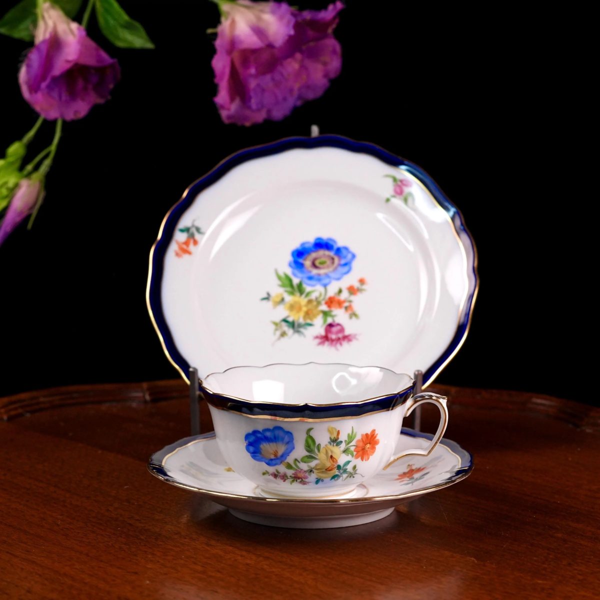 Vintage Meissen Teacup Trio – Cup, Saucer & Dessert Plate, Hand Painted Flowers, Cobalt & Gilt, First Quality Swords, Germany Mid-Century
