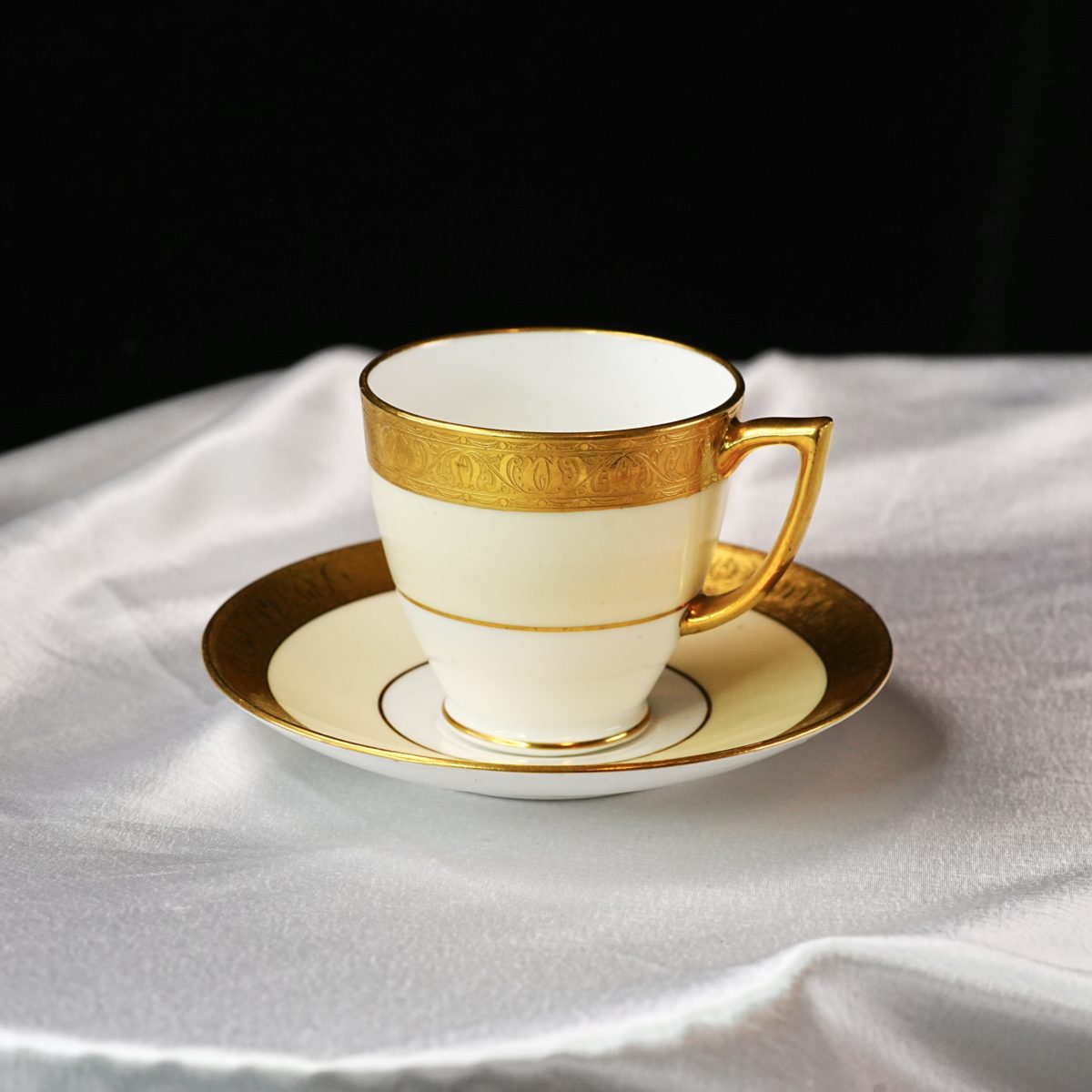 Antique Mintons for Birks Acid-Etched Gold Demitasse Cup & Saucer – Burnished Handle, Art Nouveau Cream Band, Bone China, England 1920s