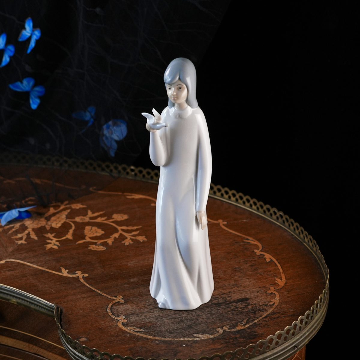 Vintage Miquel Requena Lucia Porcelain Figurine – Girl with Dove, Lladro Style Valencia Spain, Blue-Grey Glaze Nightgown, Handmade 1980s