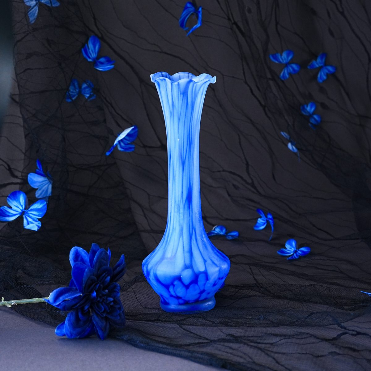 Vintage Murano Cobalt Opaline Glass Ruffled Bud Vase – Italian Lattimo Swirl, Hand-Blown Crimped Rim, Venetian Mid-Century Decor 1960s