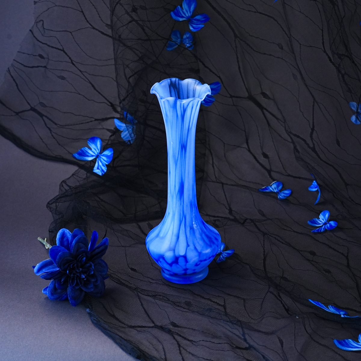 Vintage Murano Cobalt Opaline Glass Ruffled Bud Vase photo 2