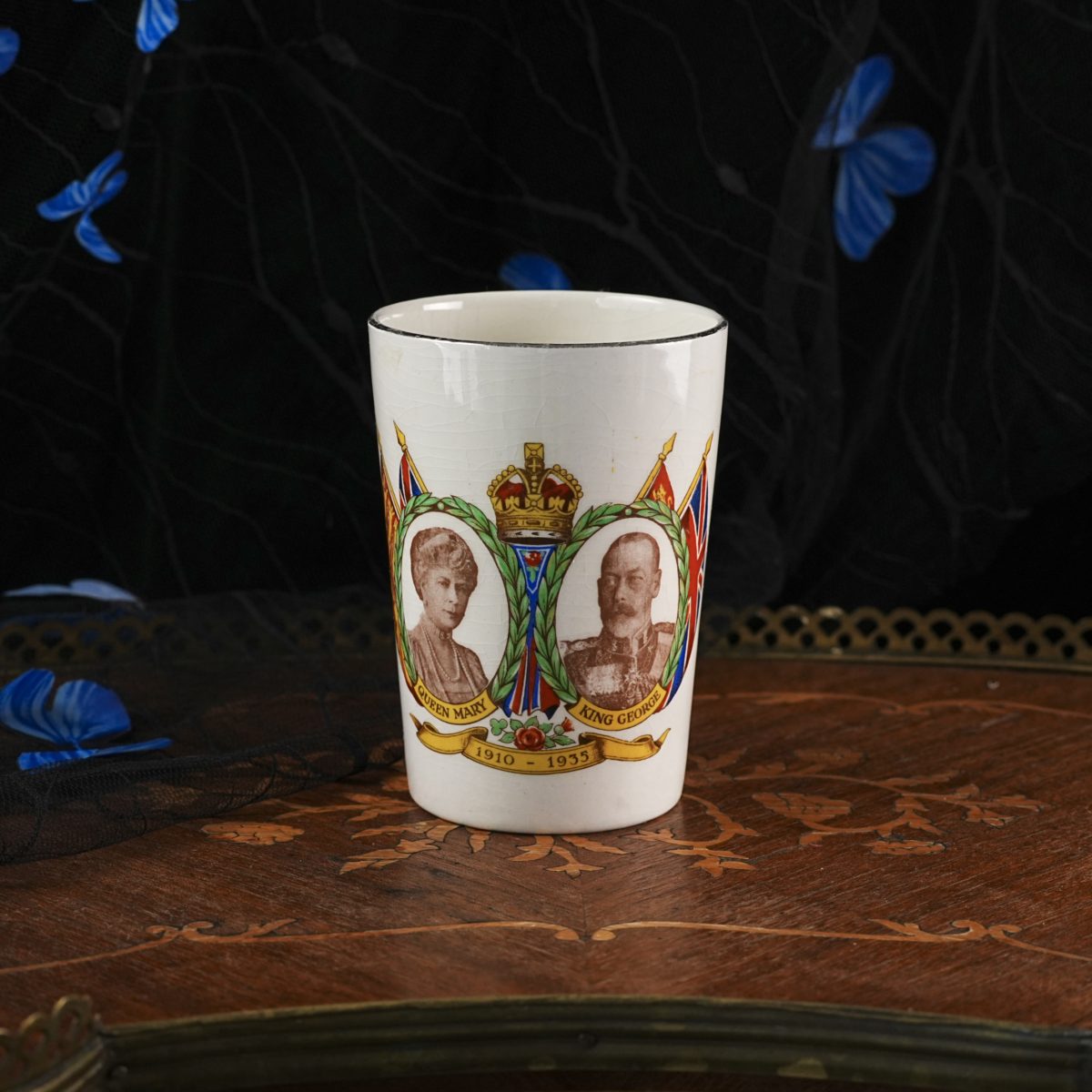 Vintage King George V Silver Jubilee Beaker – Northumberland Schools Gift, Sepia Portraits Queen Mary, Lustre Rim, England May 1935