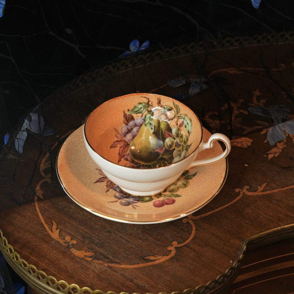 Vintage Old Royal Bone China Fruit Teacup Saucer – Hand Sponged Peach Ground, Pear Grapes Plums Cherries, Gilt Handle, Sampson Smith 1950s