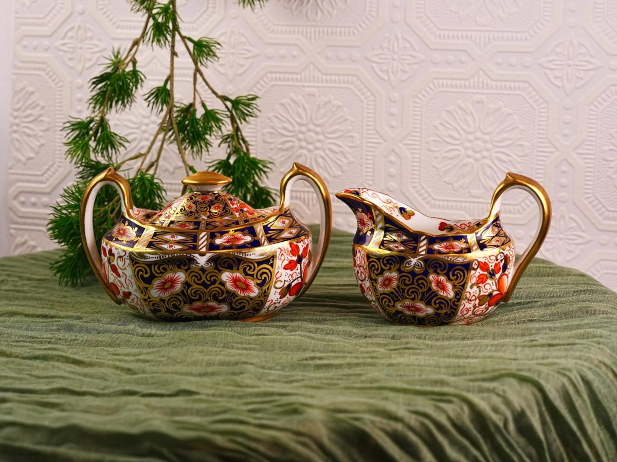 Antique Paragon Imari Sugar Bowl & Milk Jug Creamer Set – Cobalt Blue Iron Red & Gold Hand-Gilded Bone China, Star Mark, England 1920s