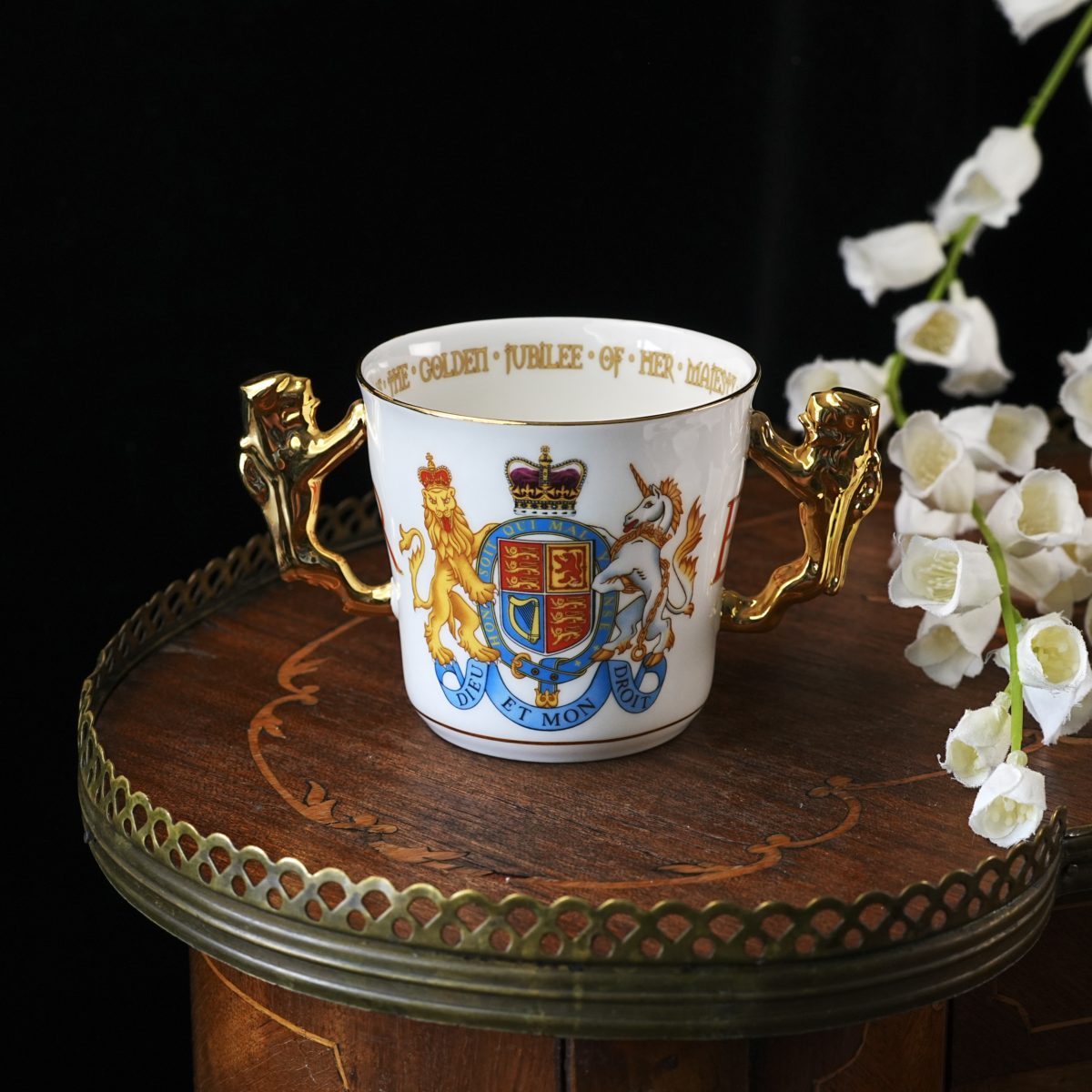 Vintage Paragon Queen Elizabeth II Golden Jubilee Loving Cup – Twin Gold Lion Handles, Royal Arms, Gilt Rim Lettering, Bone China 2002