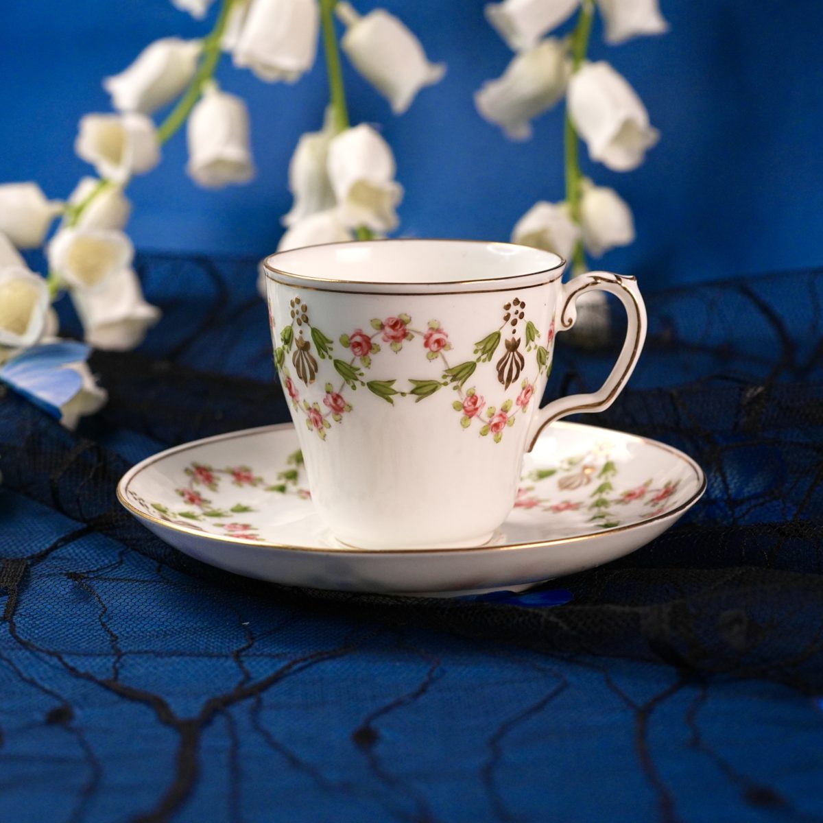 Vintage English Pink Rose Garland Demitasse Cup & Saucer – Edwardian Swag Motif, Gold Trim, Fine Bone China, England 1920s