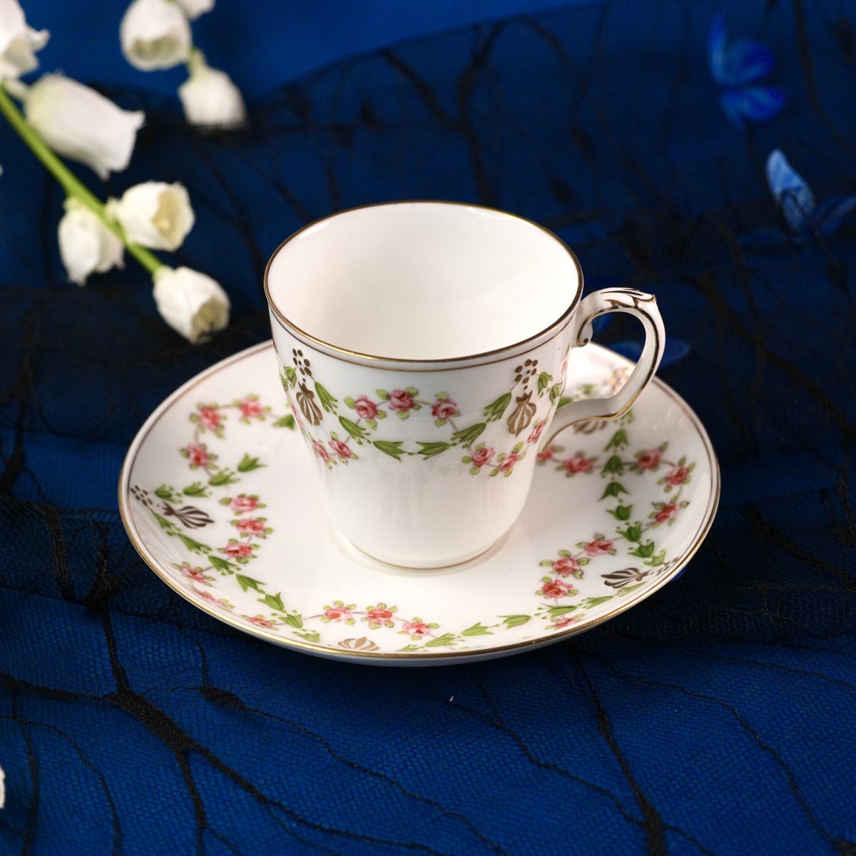 Vintage English Pink Rose Garland Demitasse Cup & Saucer photo 2