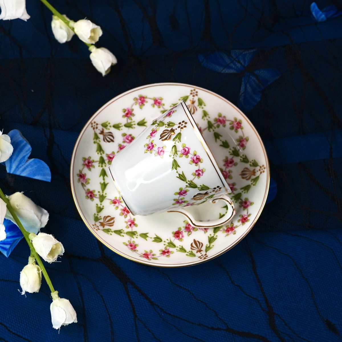 Vintage English Pink Rose Garland Demitasse Cup & Saucer photo 4
