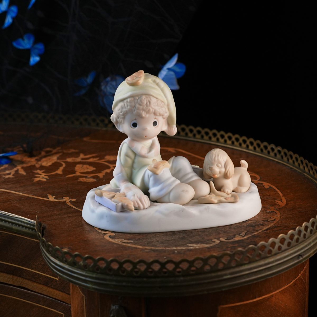 Vintage Precious Moments Pizza On Earth Figurine – Boy with Puppy and Dropped Slice, Retired Sam Butcher Enesco Bisque Porcelain, 1997