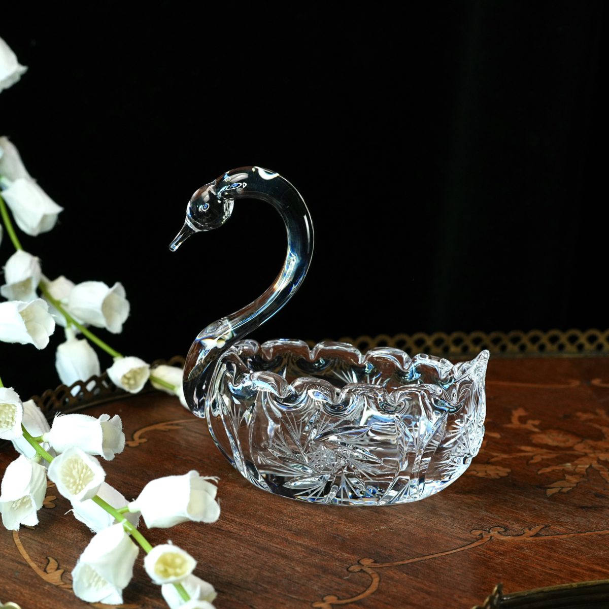 Vintage Czech Crystal Swan Dish – Hand Cut Pinwheel Body, Bohemian Mid Century Figural Glass, Candy Trinket Vanity Bowl 1960s