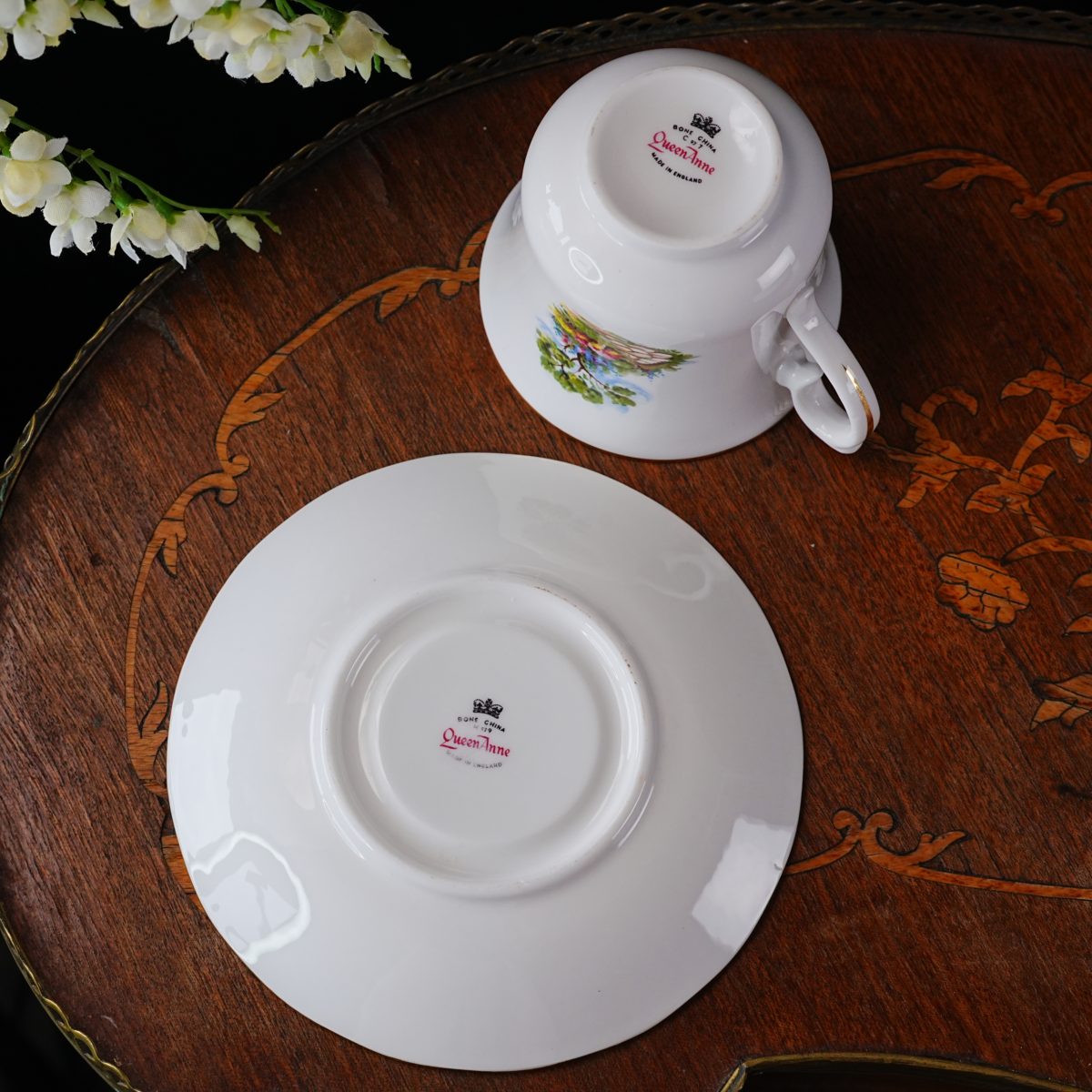 Maker's mark on the base of Vintage Queen Anne Cottage Garden Teacup and Saucer