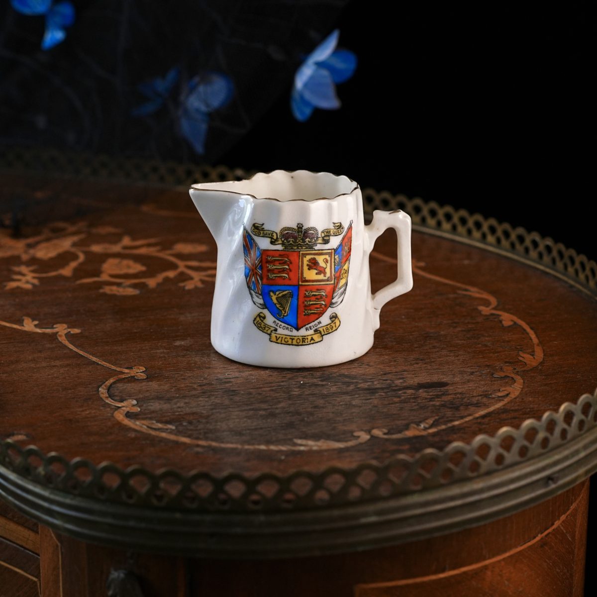 Antique Queen Victoria Record Reign Creamer 1897 – Diamond Jubilee Royal Arms, God Save Her Majesty, Gilt Crested China Jug, England