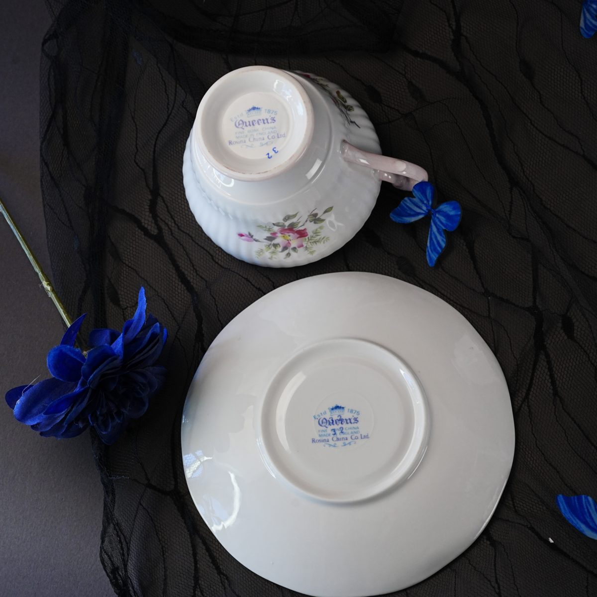 Maker's mark on the base of Queens Rosina Pink Wild Rose Fluted Teacup
