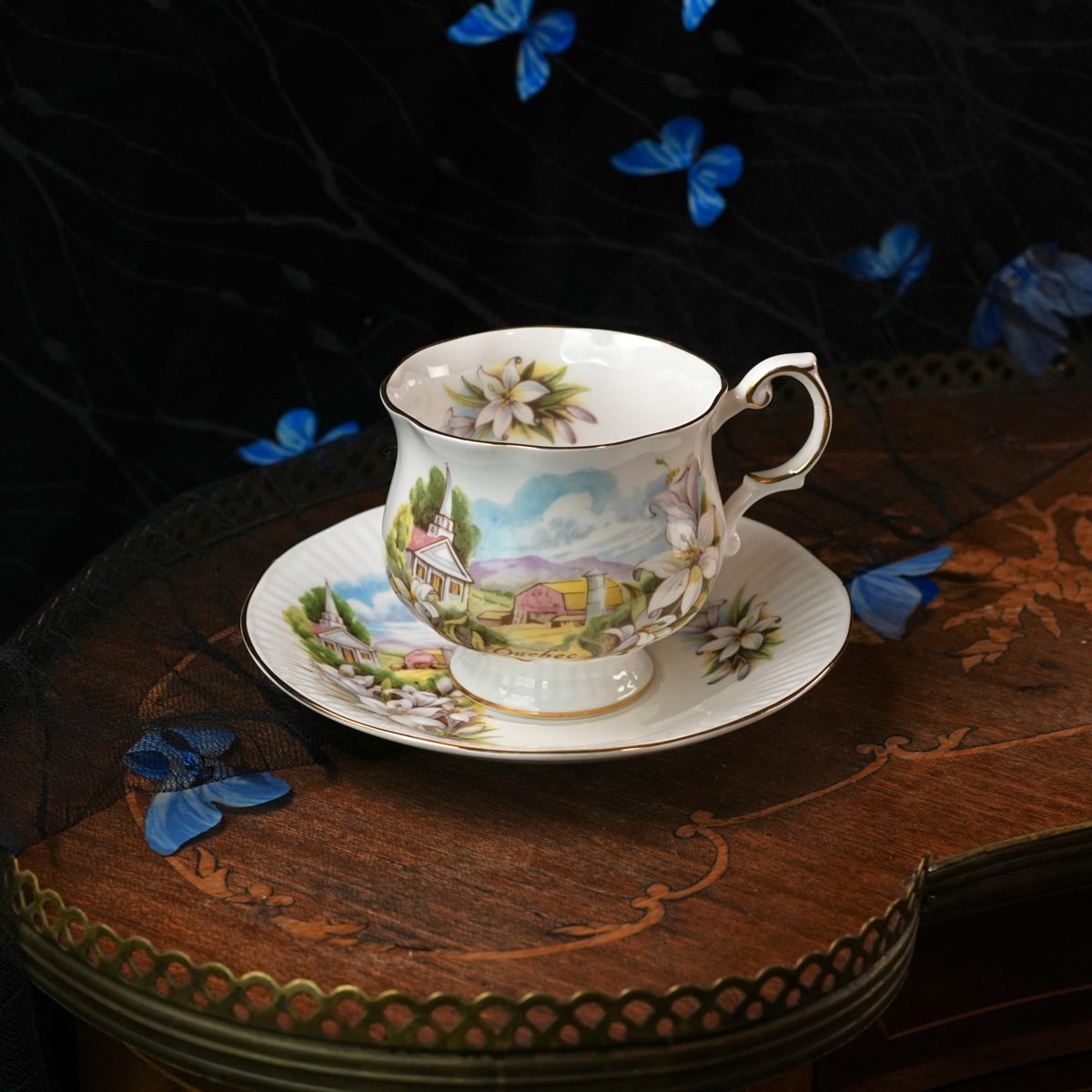 Vintage Queen's Rosina Quebec Teacup and Saucer – White Madonna Lily, Village Church Scene, Canadiana Souvenir, Bone China England 1960s