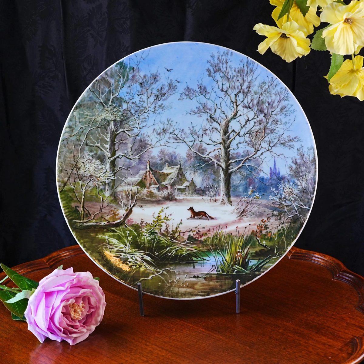 Antique Hand Painted Porcelain Charger Plate 12" – "Reynards Holiday" Fox in Winter Landscape, Signed J. Holloway 1883, Victorian Art