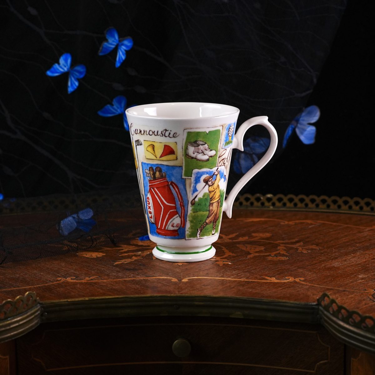 Vintage Roy Kirkham Golf Fine Bone China Footed Mug – Scottish Open Links, Carnoustie & Muirfield, Sculpted Club Handle, England, 1997