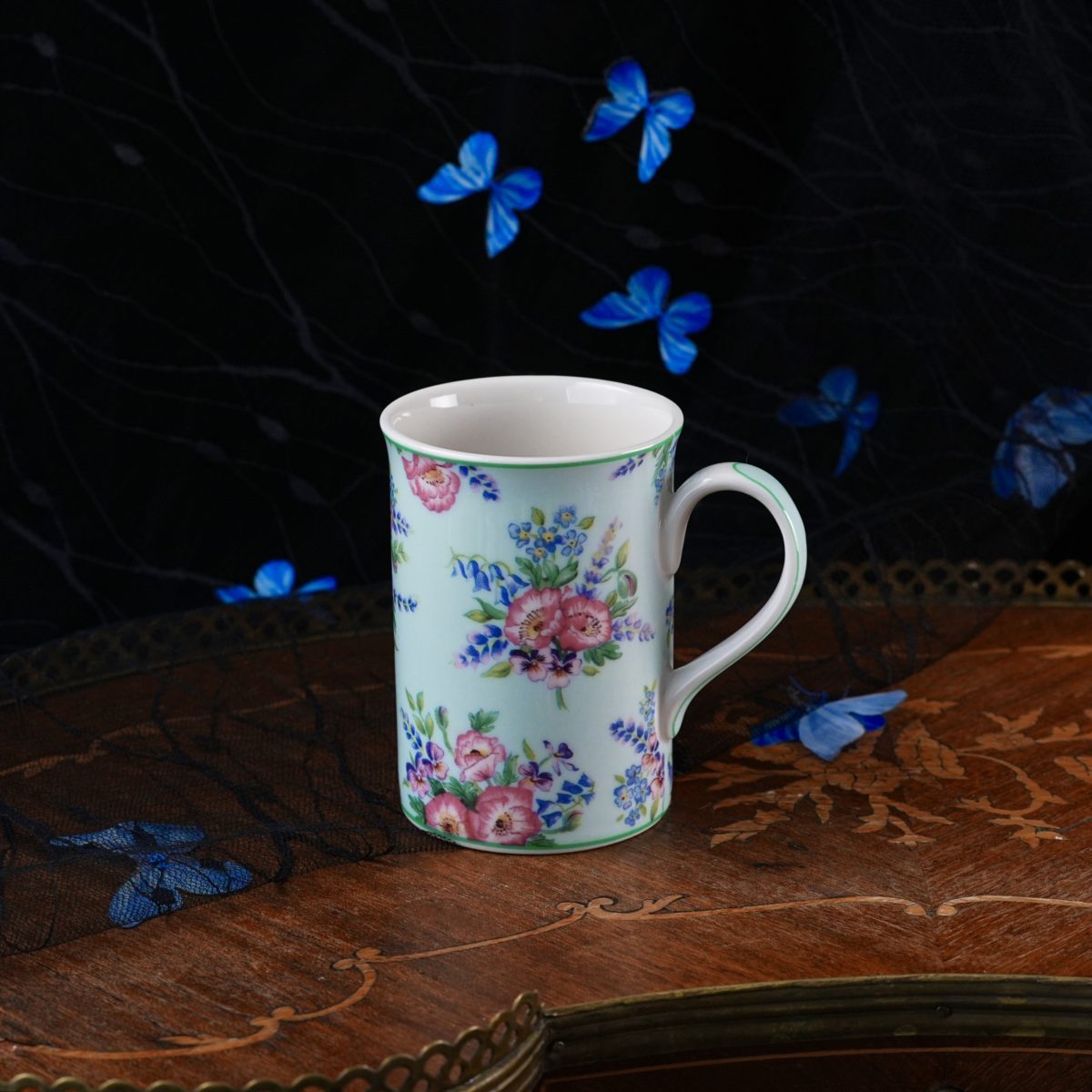 Vintage Royal Albert Anne Mug – The Bronte Collection, Mint Green Chintz Floral, Pink Poppies, Fluted Shape, Fine China England, 2002