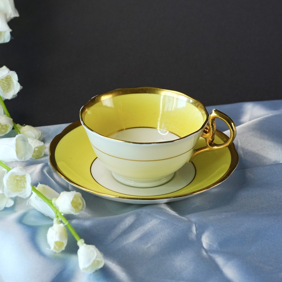 Vintage Royal Albert Canary Yellow Teacup & Saucer – Gold D Handle, Bone China, England Pattern 4715, Cottagecore Tea 1960s