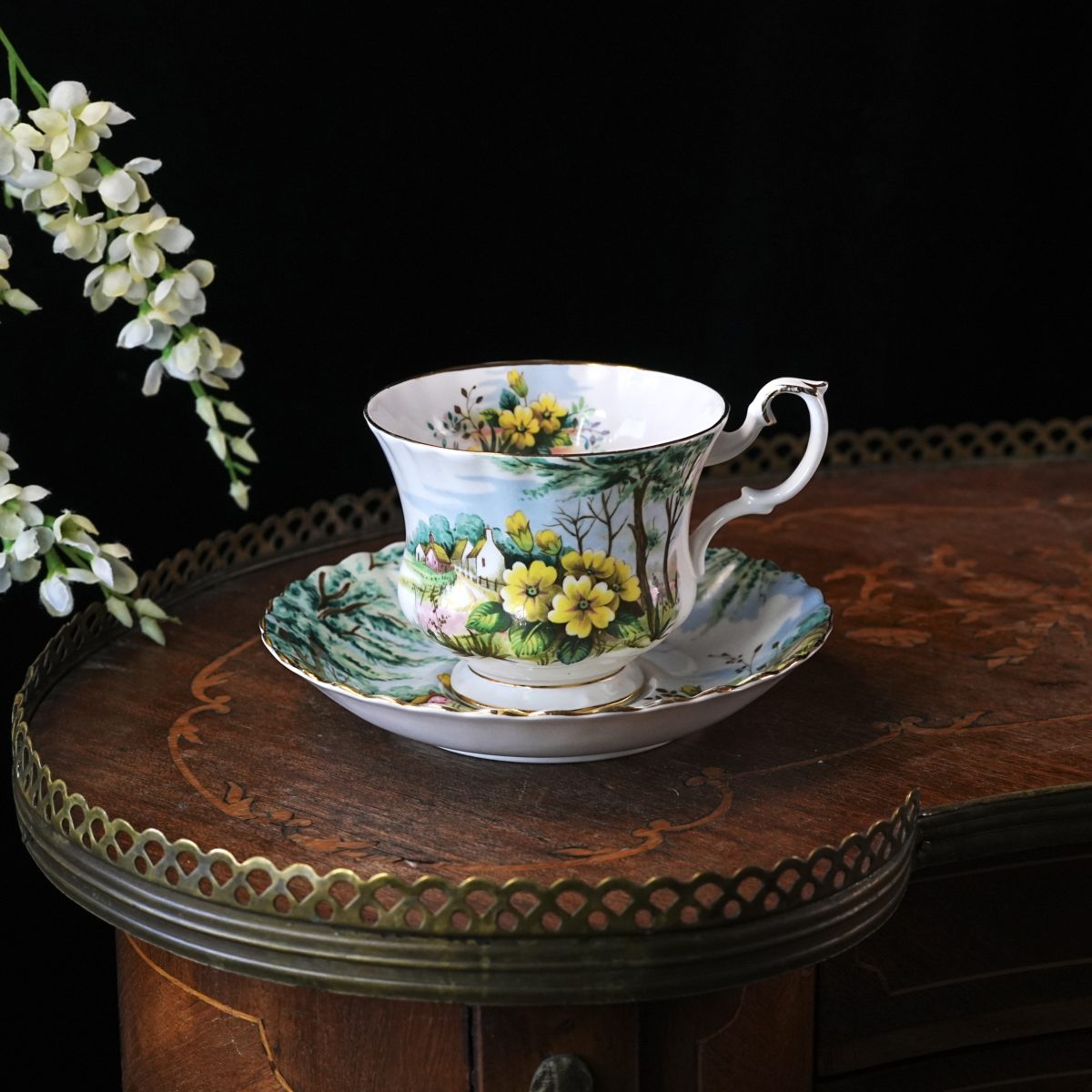 Vintage Royal Albert Country Scenes Primrose Hill Teacup and Saucer – Yellow Primrose, English Landscape, Montrose Shape, Bone China, England 1990s