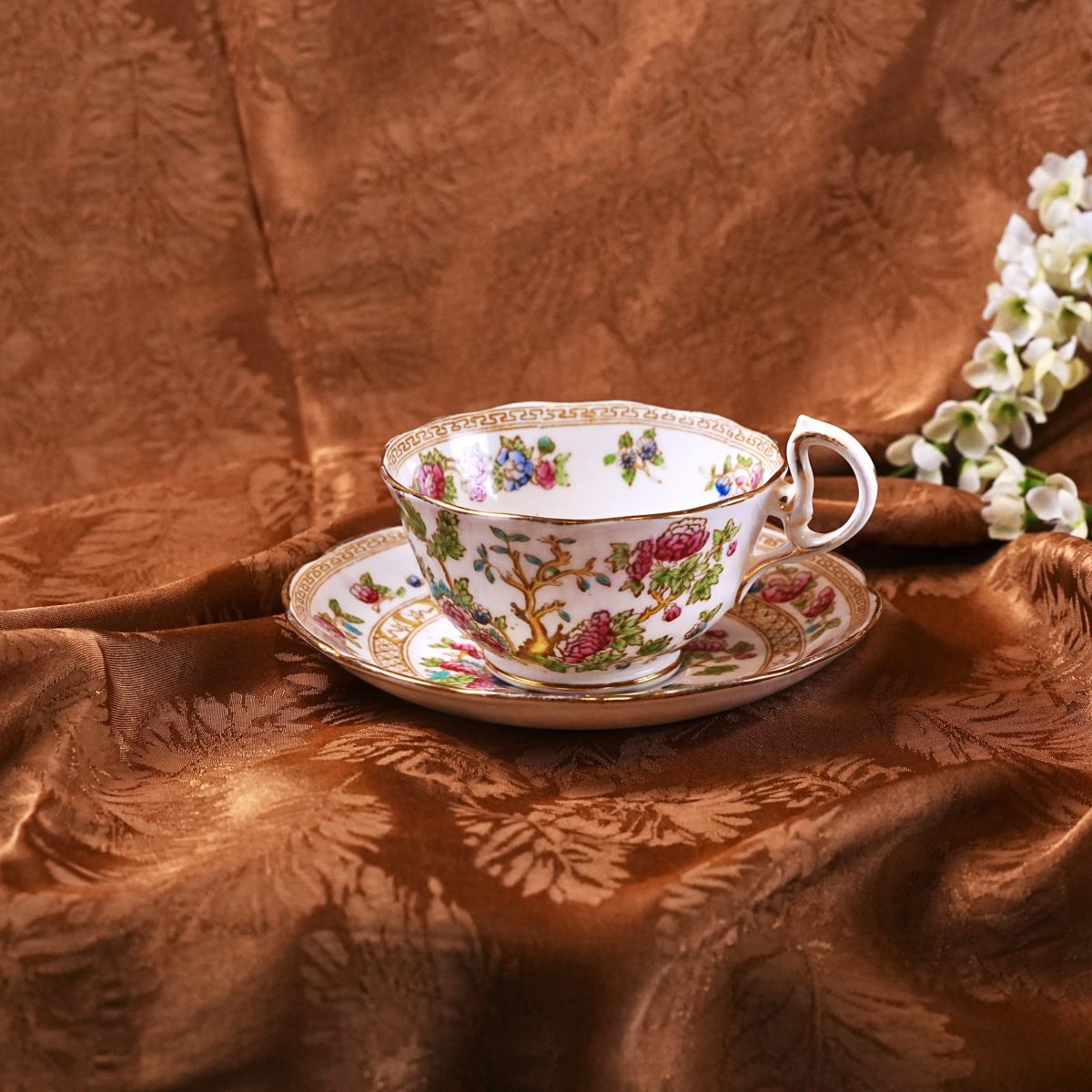 Vintage Royal Albert Crown China Indian Tree Teacup & Saucer – Pre-War English Bone China, Tree of Life, Hand-Tinted, Heavy Gilt, 1938