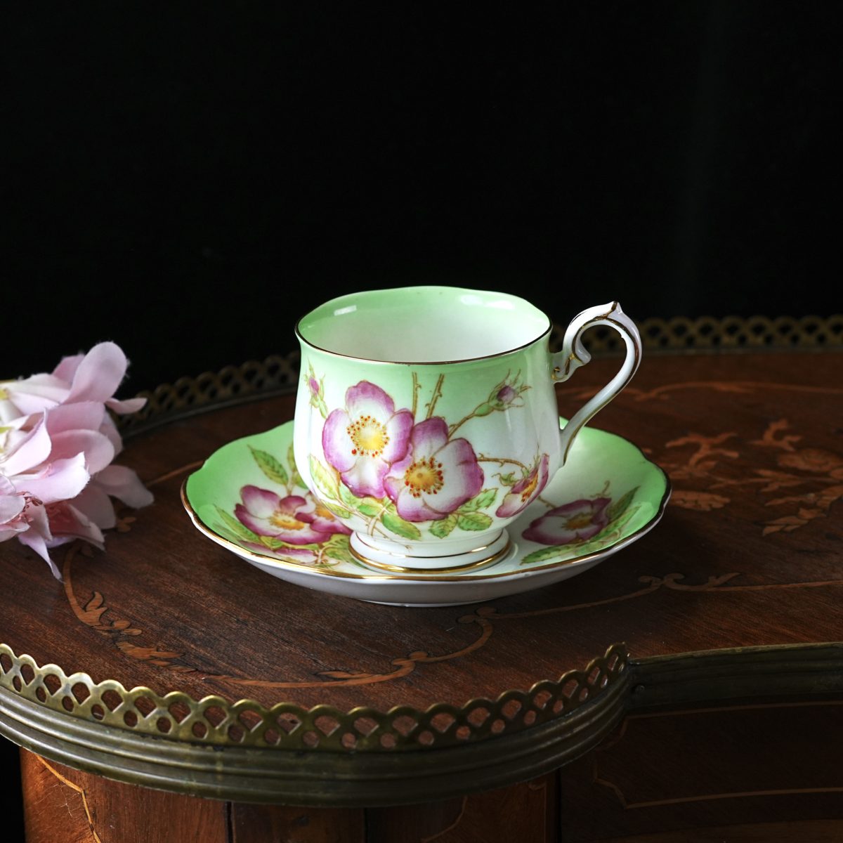 Vintage Royal Albert Dog Rose Teacup and Saucer – Mint Green Ombré Border, Pink Wild Rose, Crown China, Scalloped Rim, Gold Trim, England 1930s