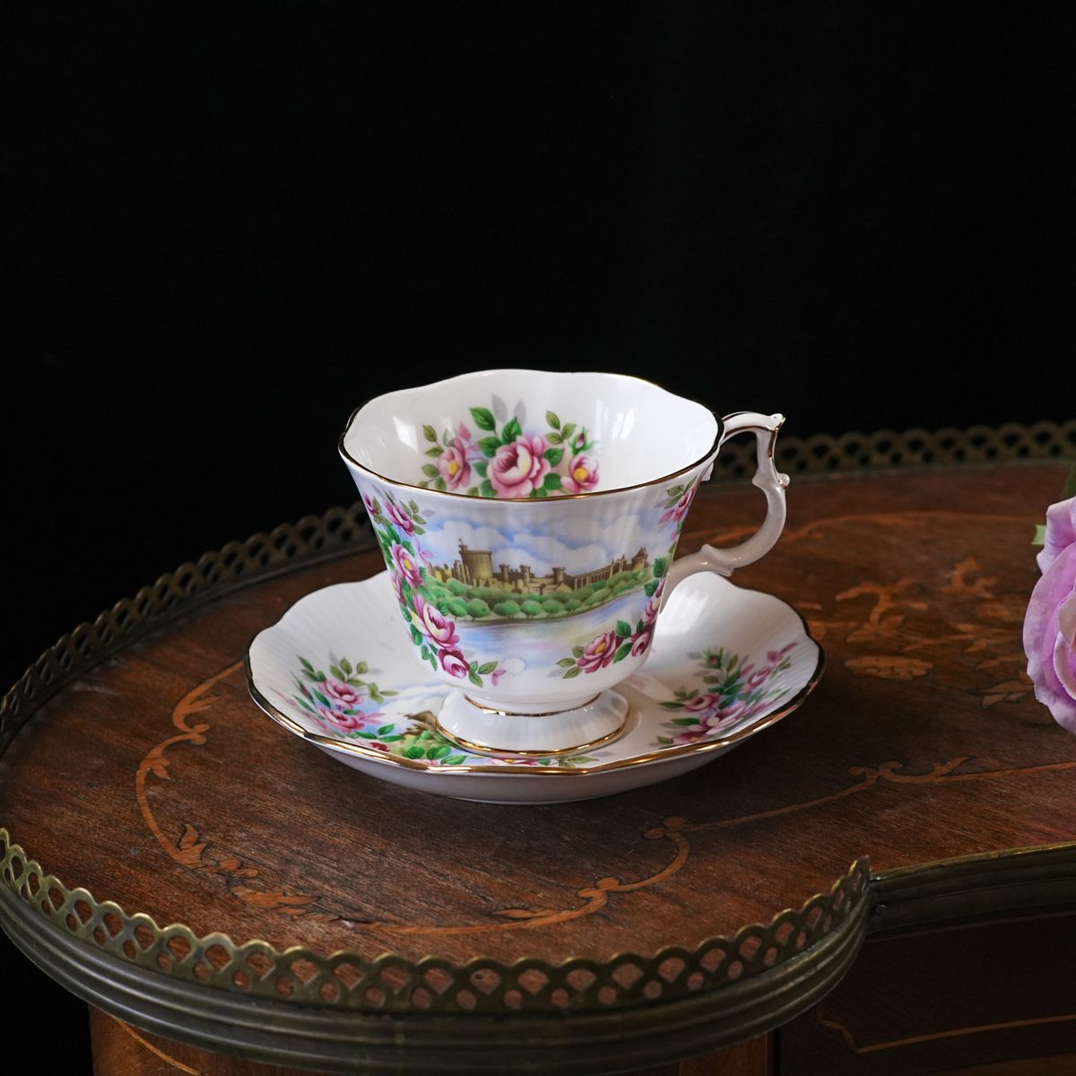 Vintage Royal Albert "England's Glory" Teacup & Saucer – Ancestral Series, Castle Scenic, Pink Rose Garland, Montrose Shape, Bone China, England 1960s