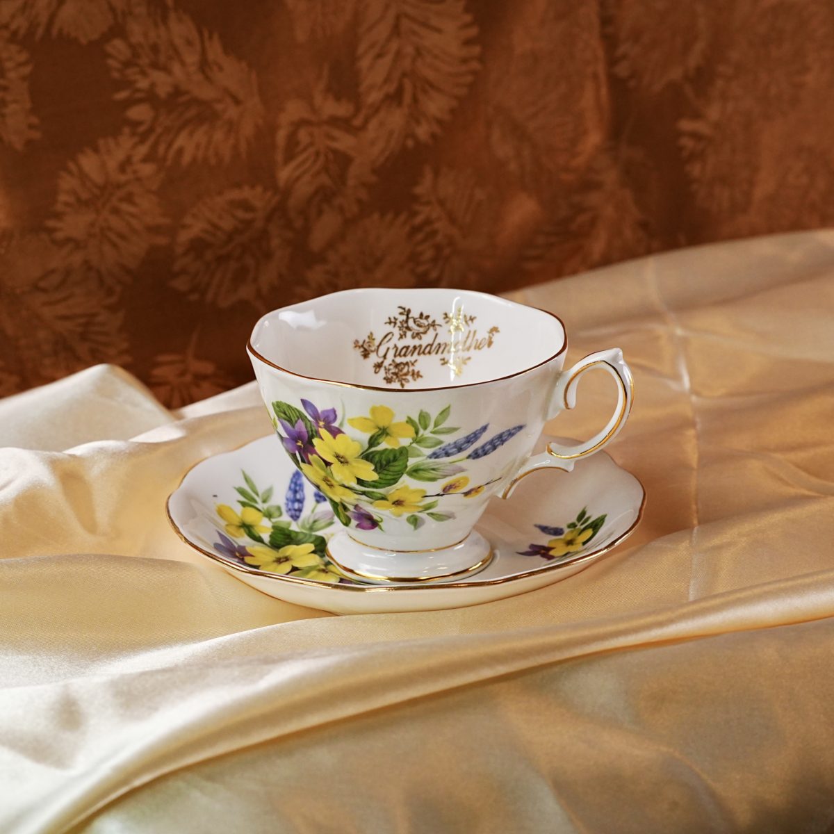 Vintage Royal Albert Grandmother Teacup & Saucer – Spring Wildflowers, Gold Sentiment, Hampton Shape, Bone China, England 1960s