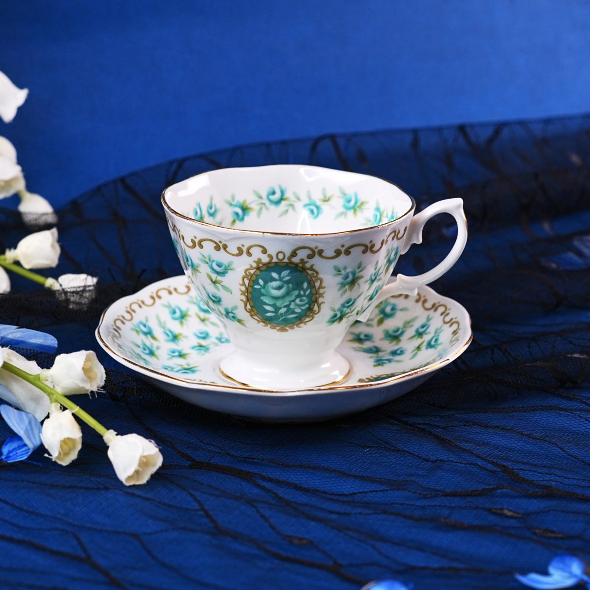 Vintage Royal Albert "Memento" Teacup & Saucer – Teal Rose Chintz, Gold Medallion, Fine Bone China, England 1960s