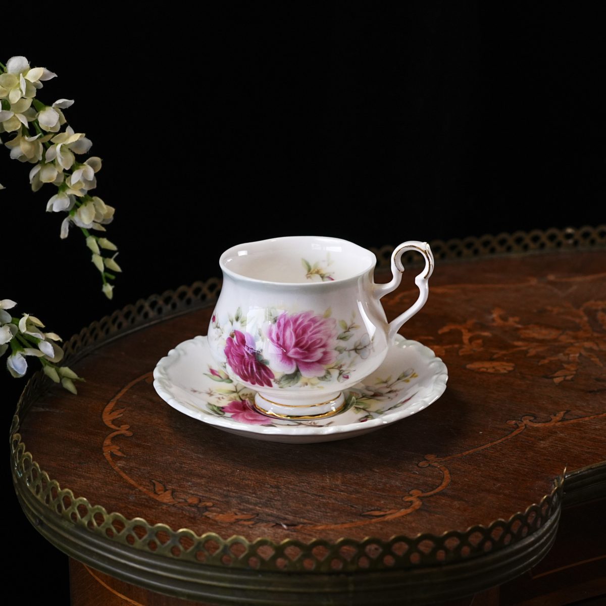 Vintage Royal Albert Memories Teacup and Saucer – Pink Peony Rose, Scalloped Rim, Gold Trim, Montrose Shape, Bone China, England 1960s