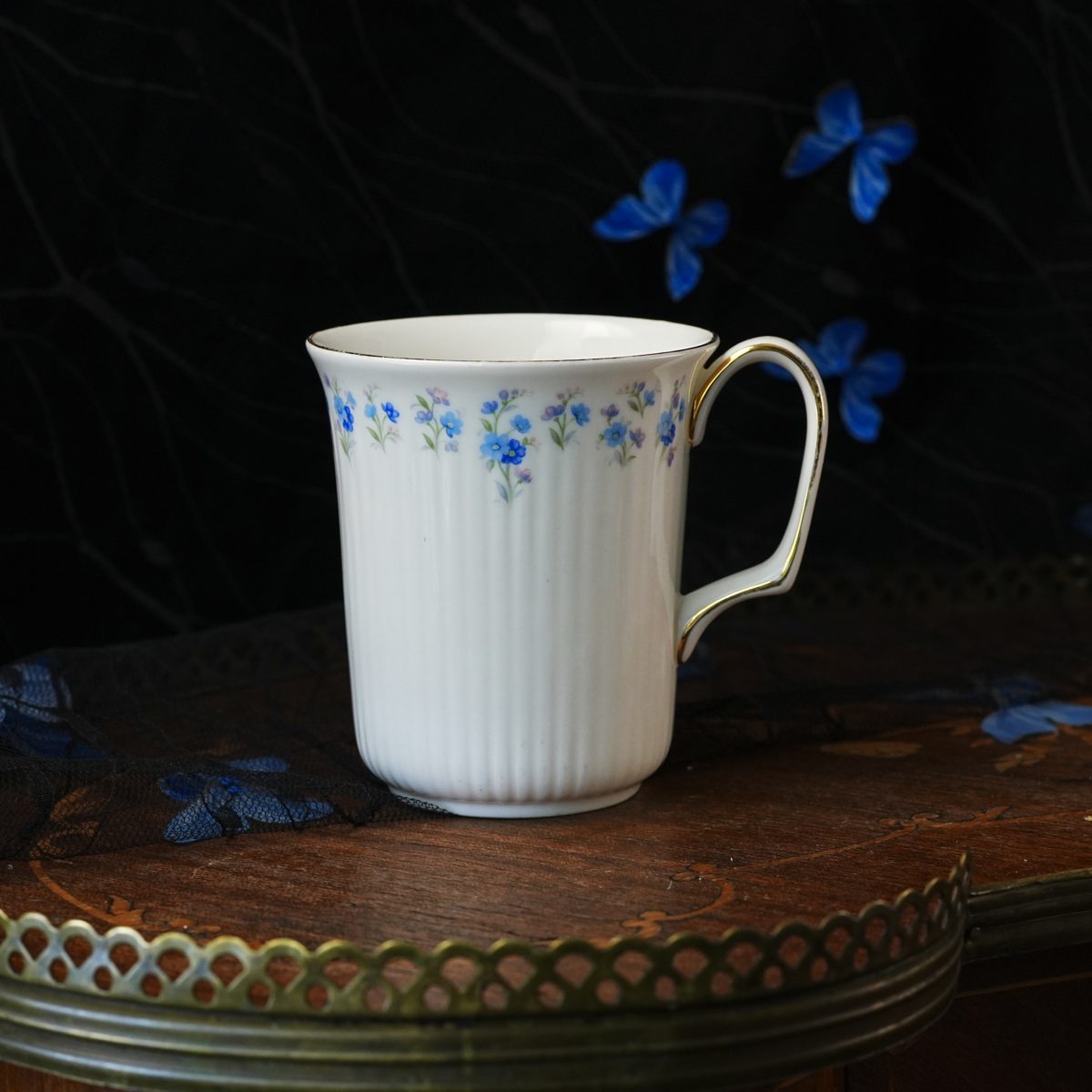 Vintage Royal Albert Memory Lane Fluted Bone China Mug – Blue Forget Me Not Sprigs, Gilt Rim and Handle, Matching Floral Wreath Mark 1960s