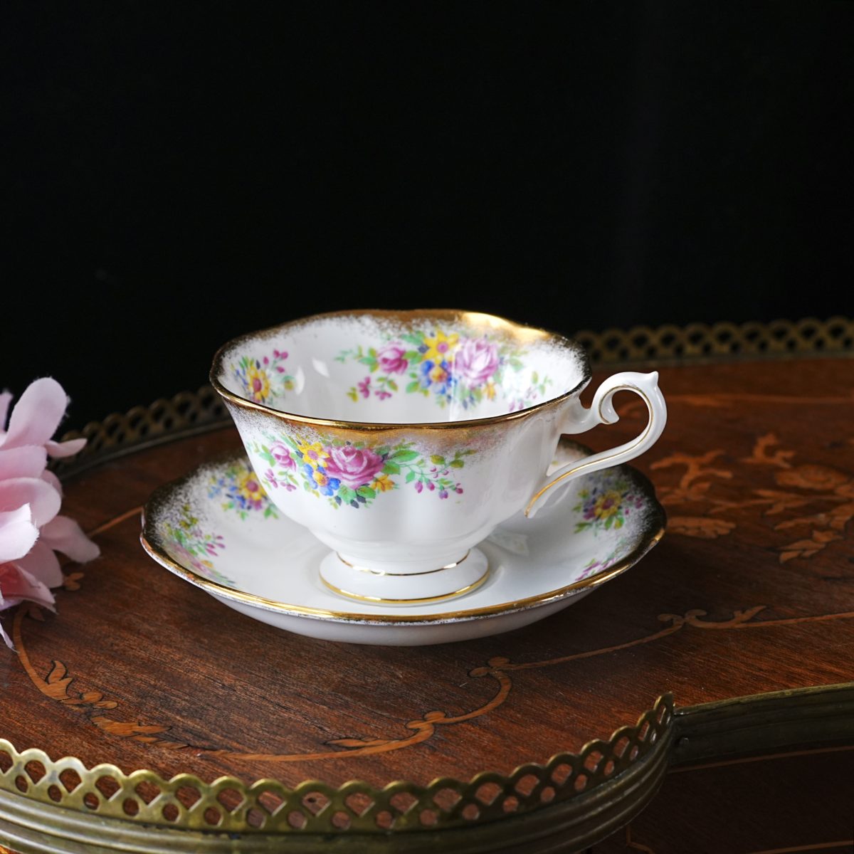 Vintage Royal Albert Nosegay Teacup and Saucer – Multicolour Floral Bouquet, Gold Stipple Border, Avon Shape, Bone China, England 1950s