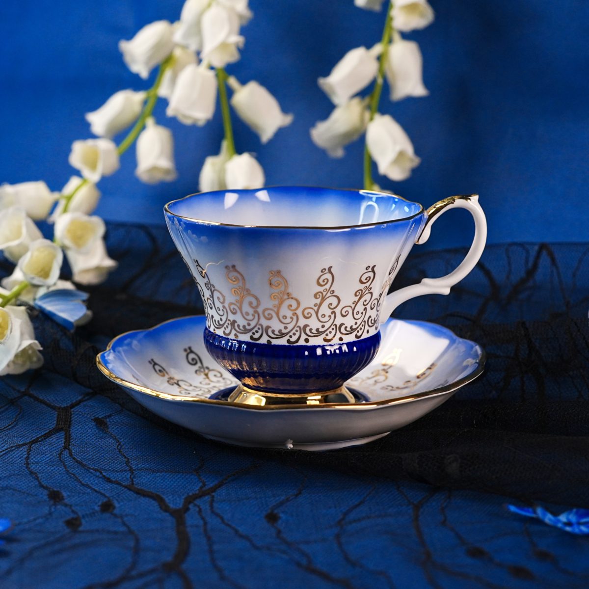 Vintage Royal Albert "Overture" Teacup & Saucer – Cobalt Blue Ombré, Gold Filigree Scrollwork, Fine Bone China, England 1960s