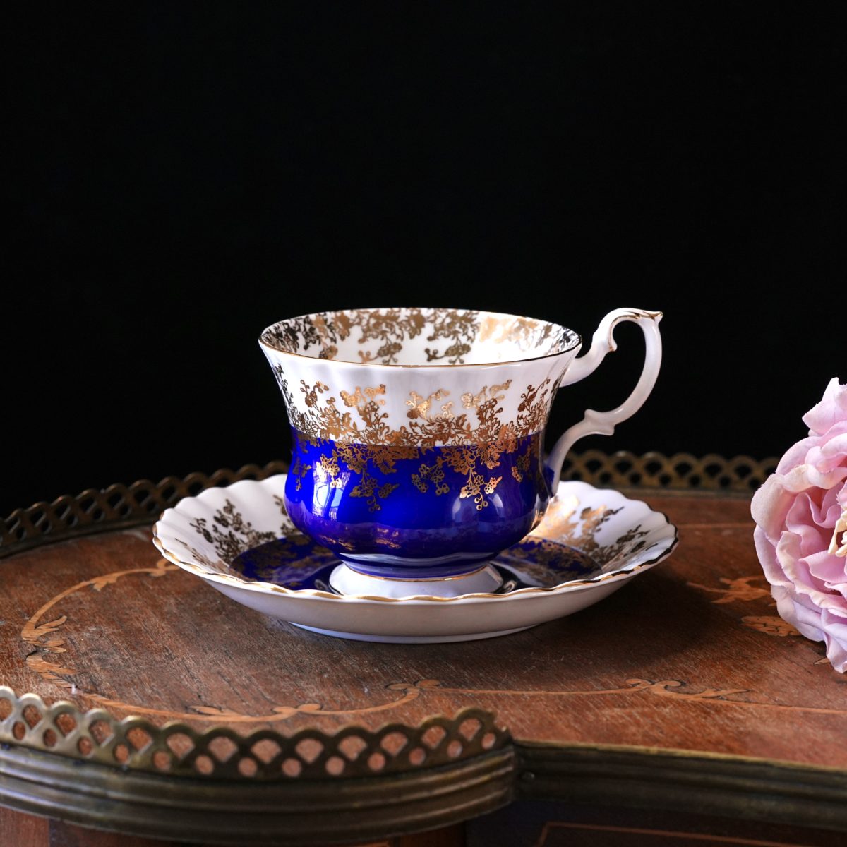 Vintage Royal Albert Cobalt Blue & Gold Teacup & Saucer – Dense Gold Floral Garland, Scalloped Rim, Pattern 4596, Bone China England 1950s