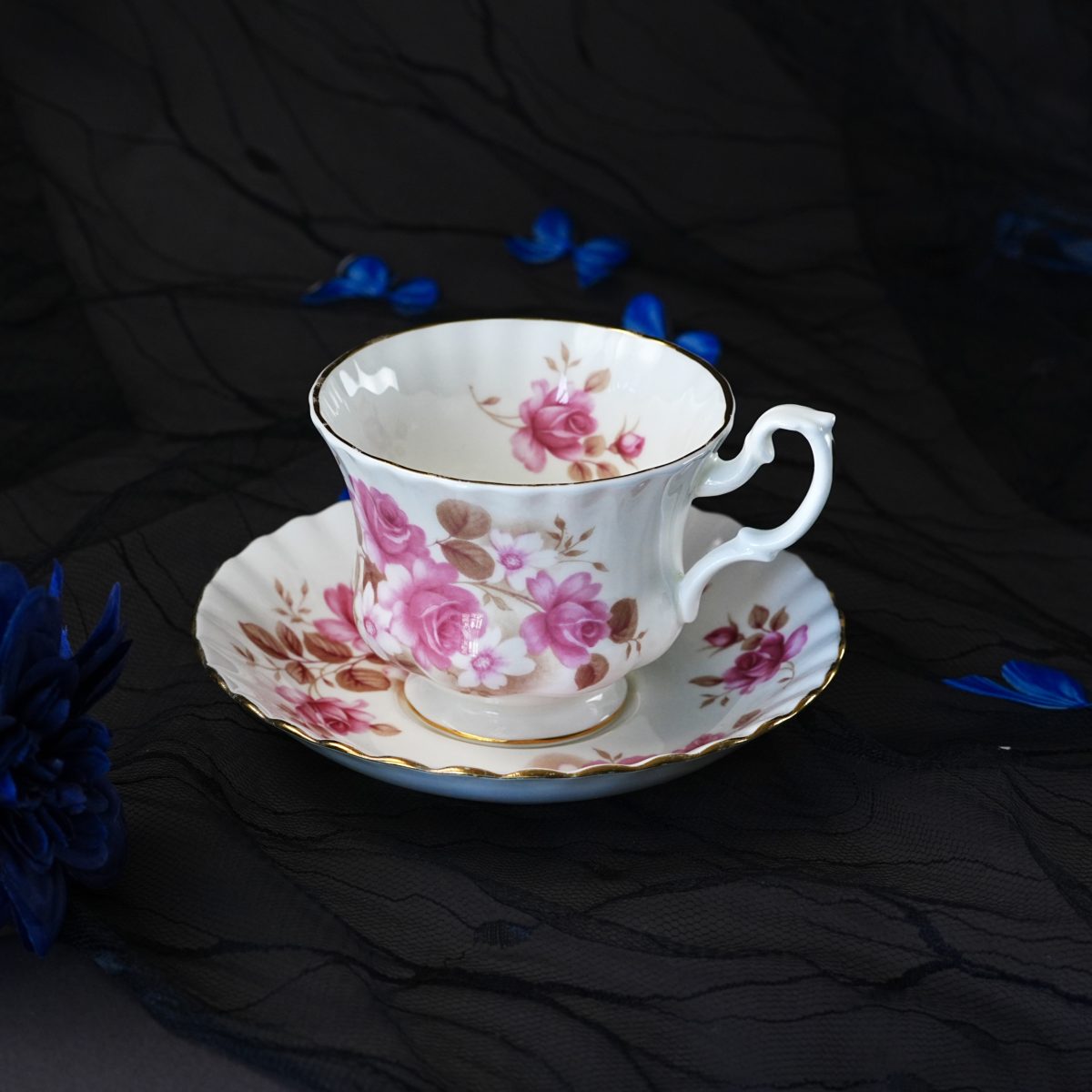 Vintage Royal Albert Pink Rose Brown Foliage Teacup & Saucer – Cabbage Roses, Autumn Leaves, Gilt Trim, Bone China, England 1970s