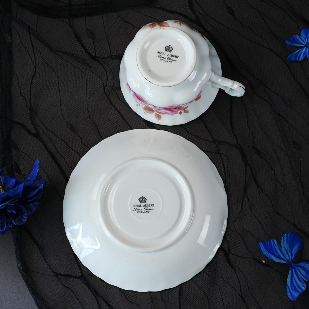 Maker's mark on the base of Vintage Royal Albert Pink Rose Brown Foliage Teacup & Saucer