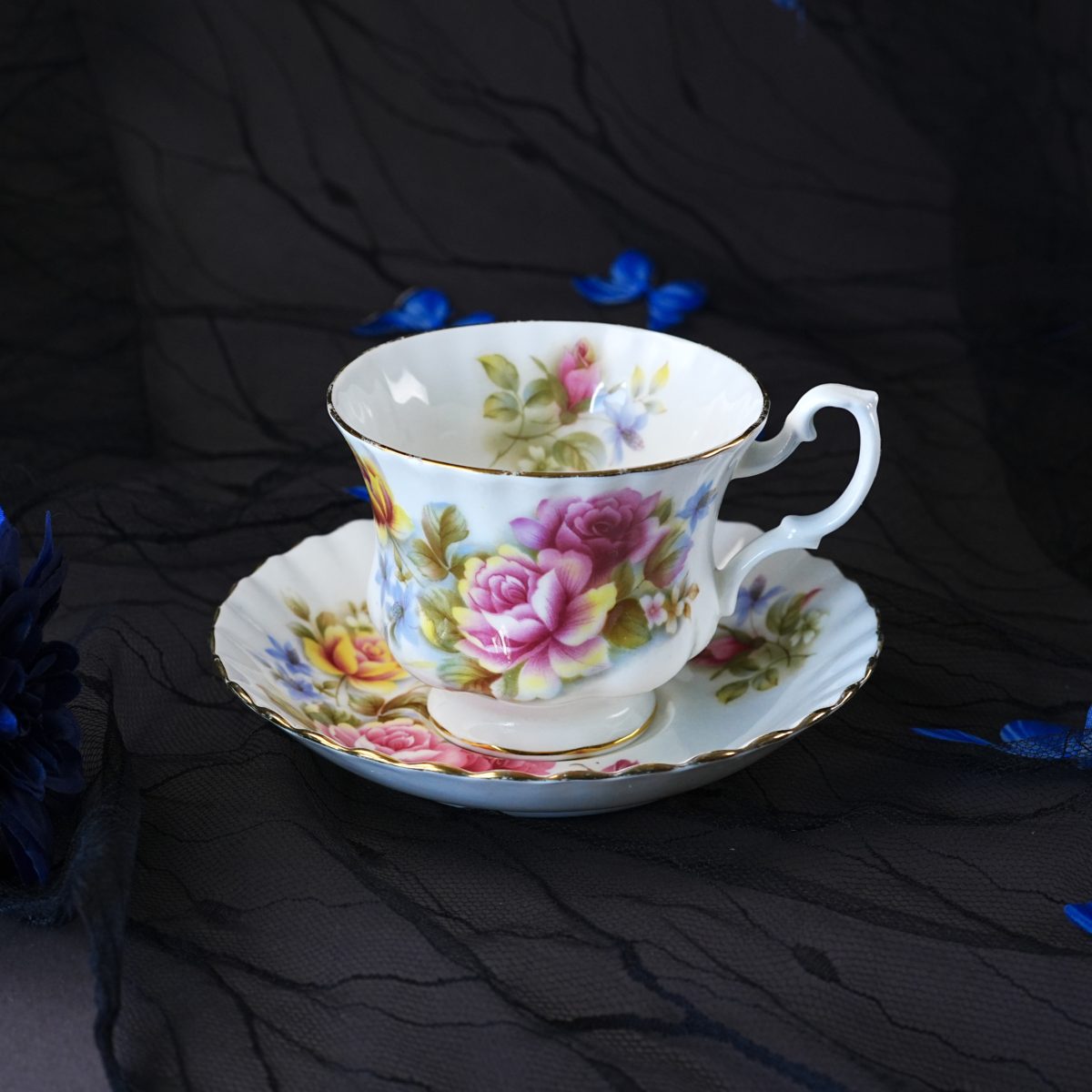 Vintage Royal Albert Pink Yellow Cabbage Rose Teacup & Saucer – Bouquet, Forget Me Nots, Gilt Trim, Bone China, England Cottagecore 1970s