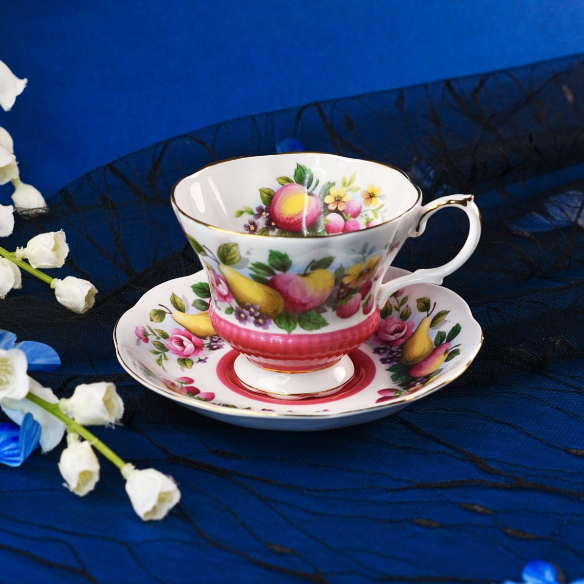 Vintage Royal Albert "Surrey" Teacup & Saucer – Country Fayre Series, Fruit & Rose, Pink Border, Fine Bone China, England 1960s
