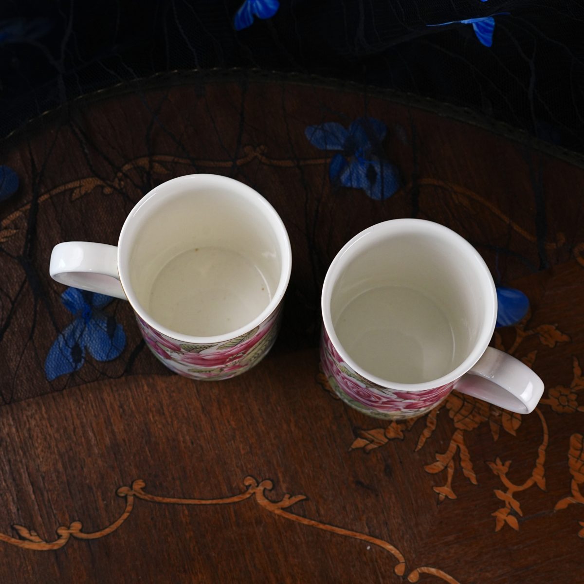 Vintage Royal Bone China Mug Pair – Collector's Series Botanical Pink Roses, Stained Glass Gilt Border, Matched Set, Thailand 1990s