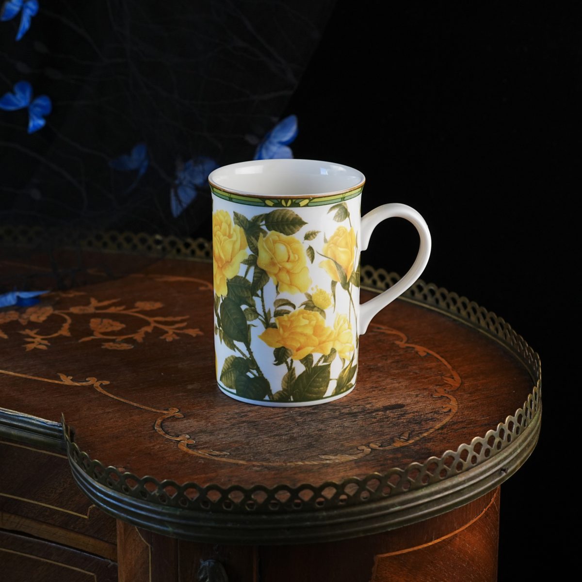 Vintage Royal Bone China Yellow Roses Mug – Collector's Series, Botanical Rose Print, Green and Gilt Rim, Slender Shape, Thailand, 1990s