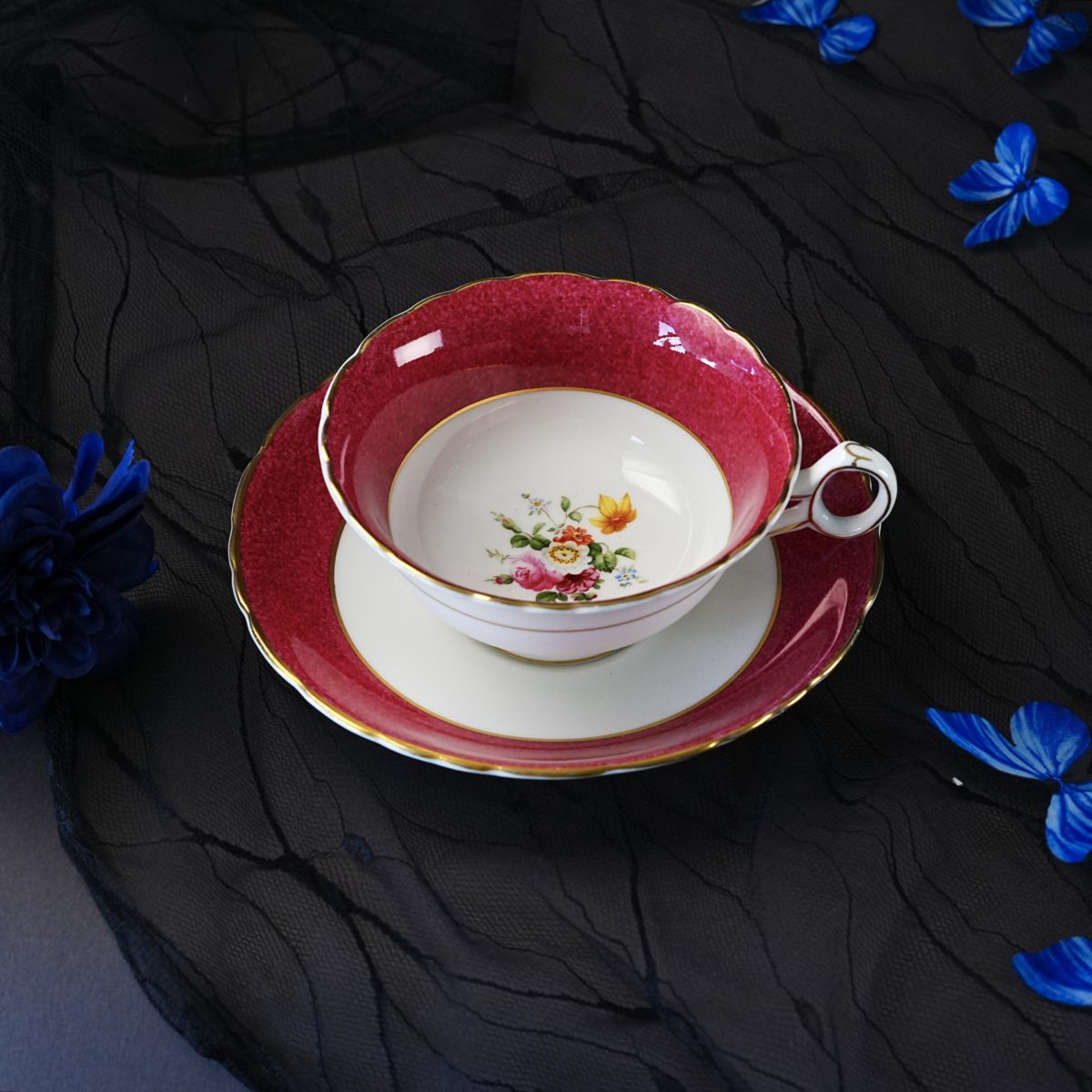 Vintage Royal Cauldon Raspberry Rim Teacup & Saucer – Speckled Burgundy Band, Floral Bouquet, Gilt Trim, 1774 Hanley England 1950s