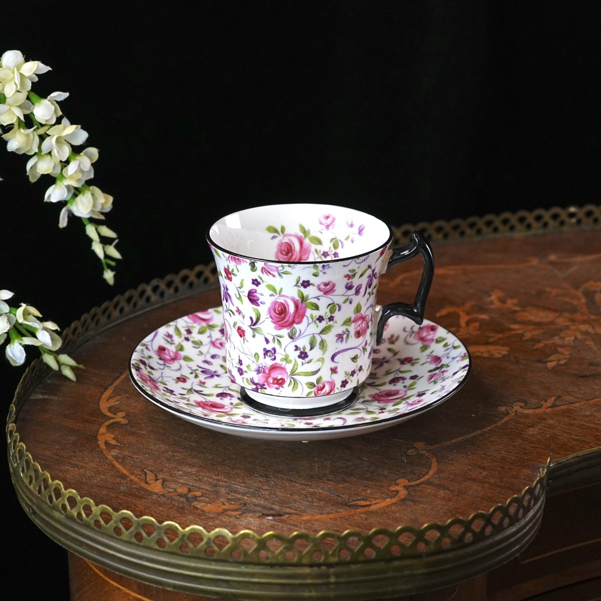 Vintage Royal Chelsea Chintz Teacup and Saucer – Pink Roses, Black Handle, Black Rim and Foot, Floral Bone China, England 1950s