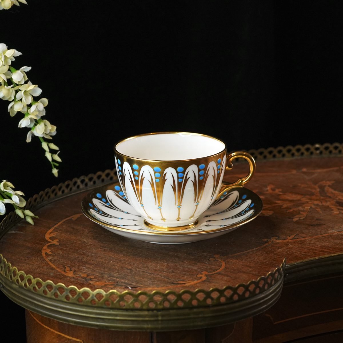 Vintage Royal Chelsea Gold and Turquoise Petal Teacup and Saucer – Lotus Design, Heavy Gilt, Enamel Dots, Bone China, England 1950s