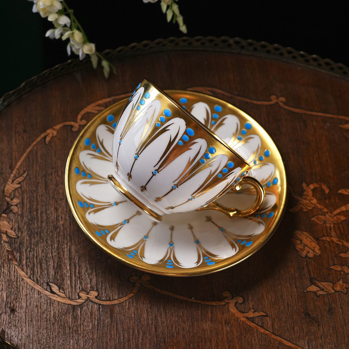 Vintage Royal Chelsea Gold and Turquoise Petal Teacup and Saucer photo 5