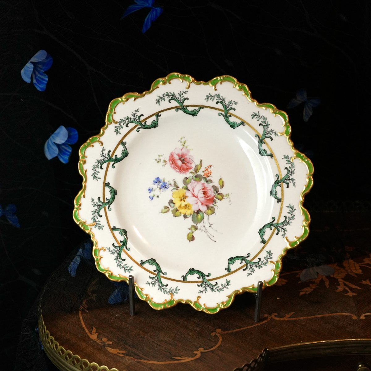 Antique Royal Crown Derby Hand Painted Dessert Plate – Apple Green Rococo Border, Gilt Scalloped Rim, Dated Year Cypher, Pattern 5111, 1898